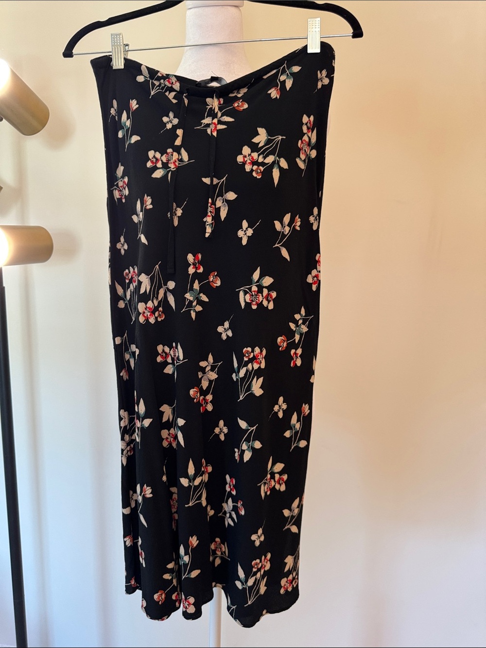 Madewell Black Midi Skirt with Red and Cream Floral Print